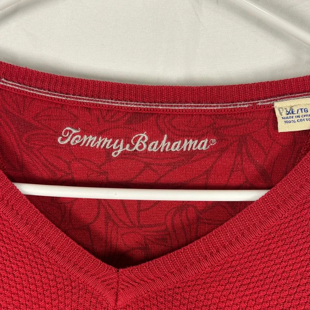 Tommy‎ Bahama Sweater Mens XL Red V-Neck Waffle Knit Cotton Long Sleeve